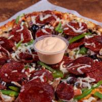 Pepperoni Pizza · A necessity for meat pizza lovers, made with pepperoni, green peppers, mushrooms, onions, ka...