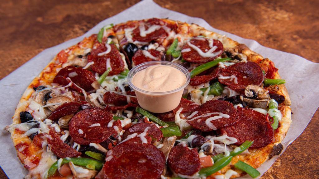 Pepperoni Pizza · A necessity for meat pizza lovers, made with pepperoni, green peppers, mushrooms, onions, kalamata olives, cheese, and freshly made marinara sauce.