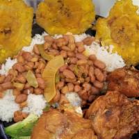 Pollo Frito Plate / Fried Chicken Plate · Chicken chunks marinated in Puerto Rican spices deep-fried. Served with rice of the day, 1⁄4...