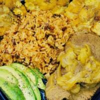 Beef Steak Encebollado Plate · Beef steak slow-cooked in a broth with onions. Served with rice of the day, 1⁄4 avocado and ...
