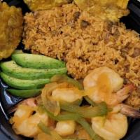 Jumbo Shrimp Plate · 7 jumbo shrimp cooked in a broth with Puerto Rican spices, bell pepper, onion, cilantro and ...