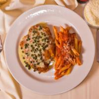 Chicken Lamberti · Chicken milanese with lemon caper butter sauce. Served with penne marinara.
