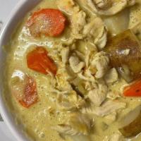Chicken Yellow Curry · onions, roasted carrots and potatoes (t)(g)