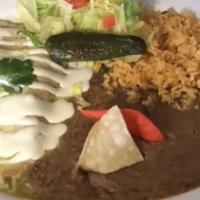 Green Enchiladas · Two enchiladas, beef,chicken or cheese, rice, beans, salad, and two tortillas.