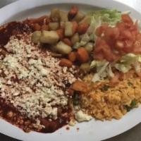 Beef Or Chicken Enchiladas Plate · Rice, beans, salad and two tortillas.