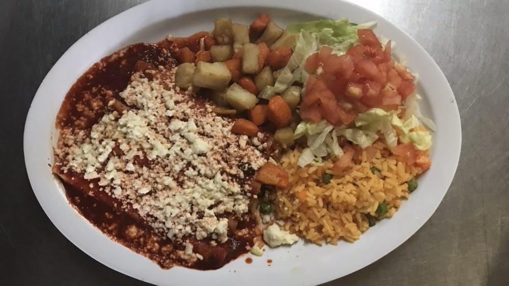 Beef Or Chicken Enchiladas Plate · Rice, beans, salad and two tortillas.