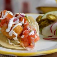 Camarones Taco (Shrimp) · Three tempura style fried shrimp, corn tortilla, cabbage, pico de gallo, sour cream.  Served...