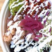 Camarones Bowl (Shrimp) · Sauteed shrimp over red rice with pico de gallo, black beans, pickled red onion, cabbage, qu...
