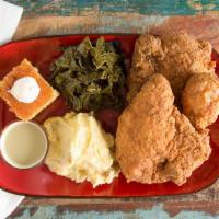 B'S Fried Chicken · Three-pieces, Charleston braised collard greens, mashed potatoes and gravy, cornbread, whipp...