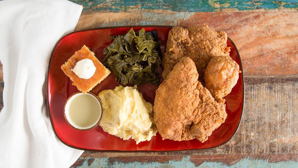B'S Fried Chicken · Three-pieces, Charleston braised collard greens, mashed potatoes and gravy, cornbread, whipped butter.

**3.28 out of chicken breasts, all other pieces available.**