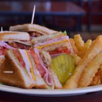 Club Sandwich · Ham, turkey, American and Swiss cheeses, bacon, mayo, lettuce & tomato on your choice of whi...