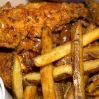Chicken Tenders · 3 big battered fried tenders with fries, choice of sauce.<br />