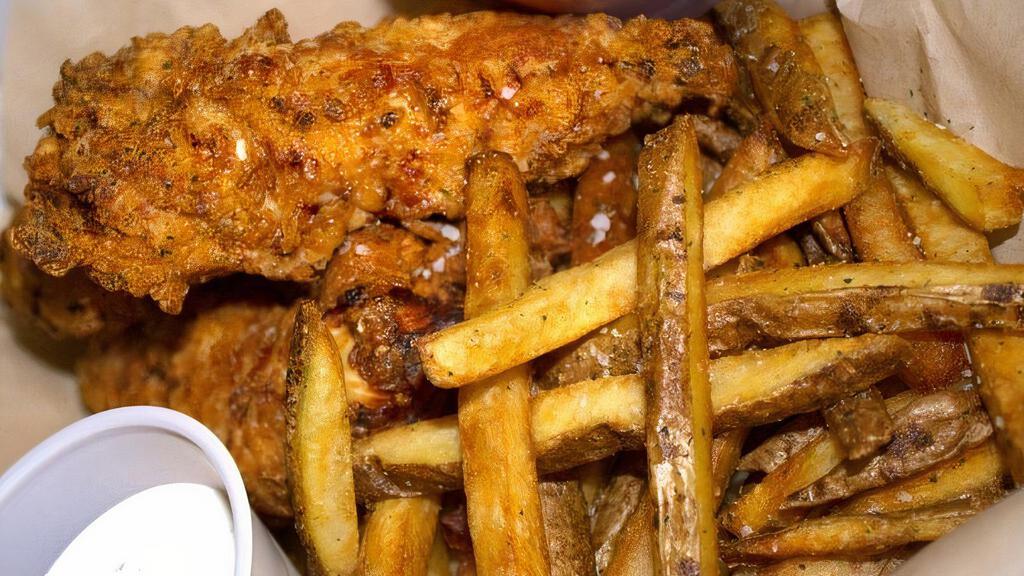 Chicken Tenders · 3 big battered fried tenders with fries, choice of sauce.<br />