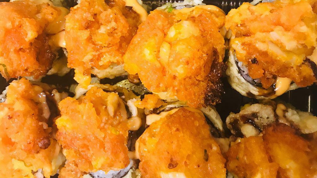  Brooklyn Roll (Deep Fried) · Tiger shrimp, crabmeat,cream cheese inside and deep fried,topped with spicy grilled scallop and crabmeat.served chef’s special sauce.