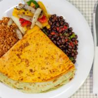 Large 2 Cheese Quesadilla · With a side of Fajita veggies and rice and black beans