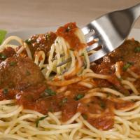 Spaghetti Meatballs · Spaghetti Sauce, Meatballs (4), Garlic Bread and Tossed Salad.