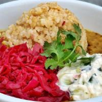 Adorabowl · Spiced red and green lentil dahl over brown rice with rich coconut yoghurt tzatziki, beets, ...