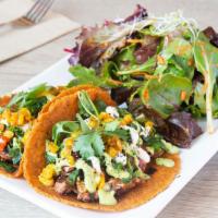 Sunset Tacos  · House made corn tortillas, mole marinated jackfruit, roasted red peppers, chopped kale, chip...