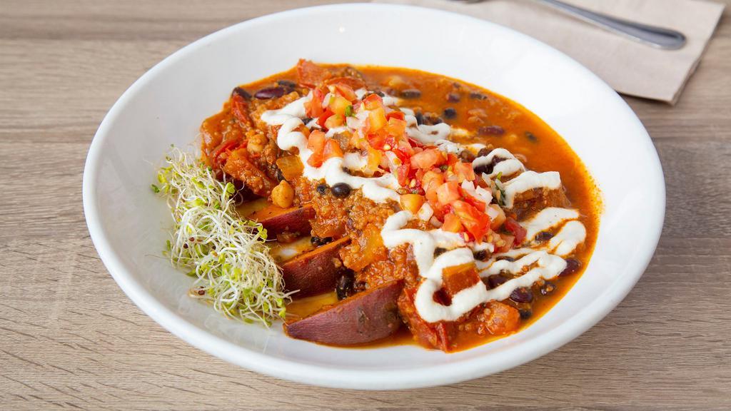 Chili Yam Bowl (Back By Popular Demand!!!) · Baked yam loaded with our three bean quinoa chili, pico, and a generous drizzle of sour cream. Perfect for those winter evenings.
