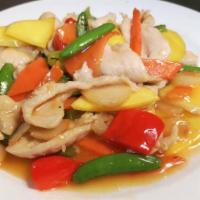 Mango Chicken · Stir fry chicken with mango and vegetables in spicy chilly sauce