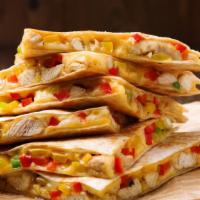Chicken Quesadilla · Flour tortilla grilled and stuffed with chicken, oaxaca cheese, served with guacamole and so...