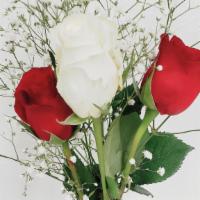 Red And White Long Stem Roses In Vase. (3 Stems) · 3 long stem roses in vase. 2 red, and 1 white. Arranged in glass vase and arranged with baby...