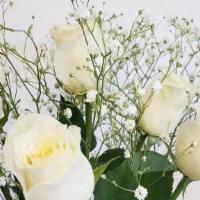 Half Dozen White Long Stem Roses Arranged Beautifully In Glass Vase  · 6 stems of long stem white roses with baby's breath arranged in glass vase