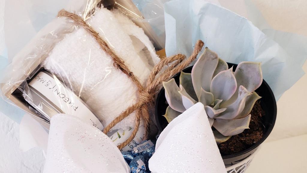Succulent Plant And Gift Set · Live succulent plants and gift set Includes succulent,  relaxation candle,  white wash cloth, loofah soap, collagen face mask,  and Hershey kisses