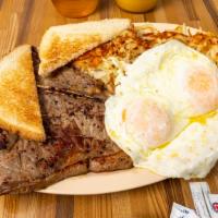2 Eggs Any Style With T-Bone Steak · Served With Toast And You Choice Of Hash Browns,Rice Or Grits.