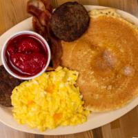Super Special · 2 eggs , 2 bacon , 2 sausages and a choice of 2 pancakes or 2 French toast.