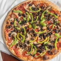 Vegetarian Pizza · Mushrooms, onions, green peppers, black olives and tomatoes.