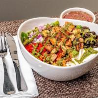 Chicken Pesto Salad · Fresh mozzarella, Black Olives, Roasted Red Peppers, Red Onions & Fresh Rocket aka Arugula Mix