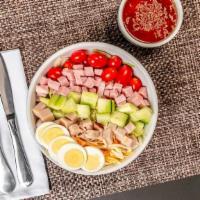 Skinny Italian Salad · Ham, Turkey, Tomatoes, Cucumbers, Cheese, Sliced Egg &Fresh Rocket aka Arugula Mix
