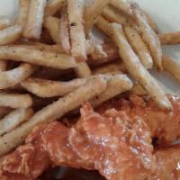 Buffalo Chicken Tenders · Hand Breaded Chicken Tenderloins tossed in Buffalo Sauce. Served with a one side and your ch...
