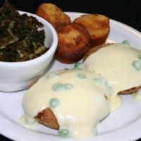 Salmon Croquette · Served with our Homemade Pea Cream Sauce and 2 Sides.  Add a second piece for only $3.