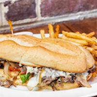 Pj'S Cheese Steak · Thinly sliced beef smothered with sautéed onions, mushrooms, lettuce, tomato and topped with...