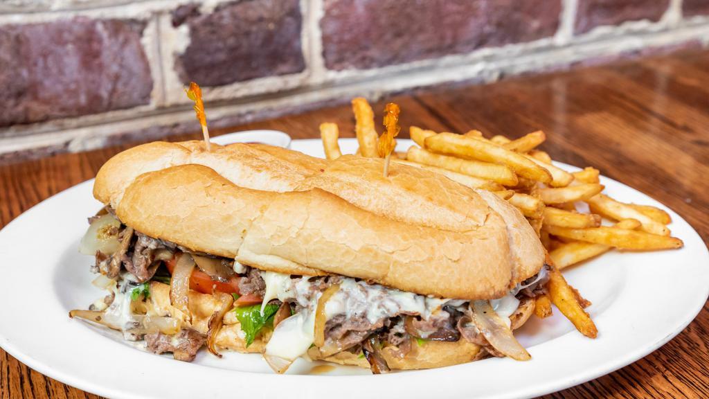 Pj'S Cheese Steak · Thinly sliced beef smothered with sautéed onions, mushrooms, lettuce, tomato and topped with melted white American cheese. Served on a steak roll.
