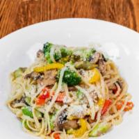 Garden Pasta · Mushrooms, red and yellow peppers, asparagus, zucchini in a light olive oil, Parmesan cheese...