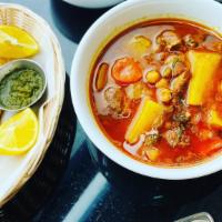 Lamb Shurwa Large Bowl (Soup) · Soup consisting of Lamb, chickpeas, potatoes, carrots, coriander slow cooked soup, served wi...