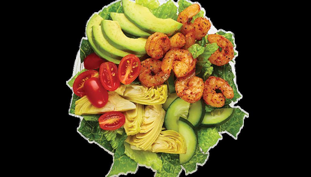 Pacific Beach Bowl · Avocado, Tomatoes, Cucumbers, Artichoke Hearts, Romaine. Recommended dressings are Champagne Vinaigrette or Tzatziki. Shown with Shrimp.