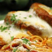 Eggplant Parm With Pasta · Eggplant breaded, fried, and baked with tomato sauce and mozzarella cheese.