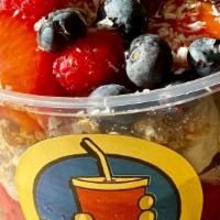 Goji Bowl · Vegan. Strawberries, blueberries, raspberries, banana, organic granola, and goji sorbet.