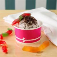 Gummy Worm & Dirt Ice Cream · Vanilla bean, crushed oreo's and gummy worms.