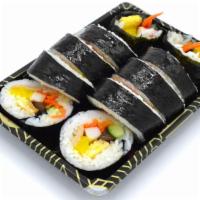 Kimbop / 김밥 · Rolled steamed white rice wrapped with dried seaweed with thin sheet of egg omlette, yellow ...