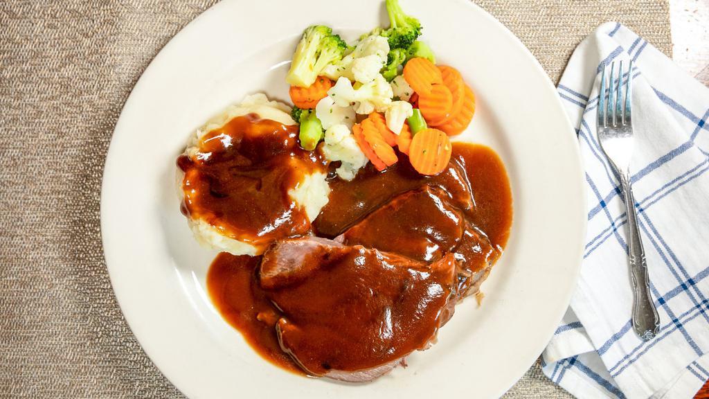 Pot Roast · Tender roast served with mashed potatoes and vegetables. Consuming raw or undercooked meats, poultry, seafood, shellfish, or eggs may increase your risk of food borne illness.