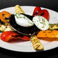 Broiled Veggie · Marinated portabella mushroom, assorted bell peppers, zucchini, squash, broiled, and topped ...