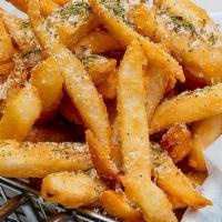 Parmesan-Truffle Fries · French fries garnished with truffle oil, parmesan cheese and chopped parsley.