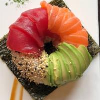 Sushi Dount · Padded Sushi Rice with a Spicy tuna core,topped with tuna, salmon,avocado and sesame seeds