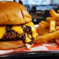 Jim Beam Maple Bourbon Burger · Our 8oz Burger topped with sauteed onions infused with Jim Beam Maple Bourbon and topped wit...