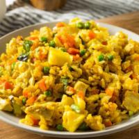 Pineapple Fried Rice Dinner · Mouth watering fried rice with your choice of meat, juicy pineapples, cashew nuts, green oni...